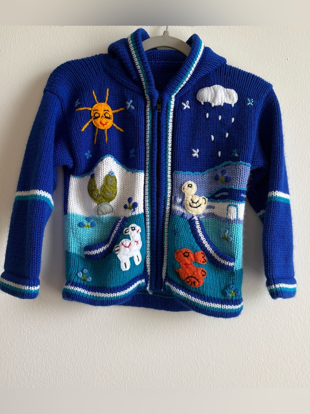 Children's Vintage Knitted Animal & Nature Cardigan - Blue Multicolor